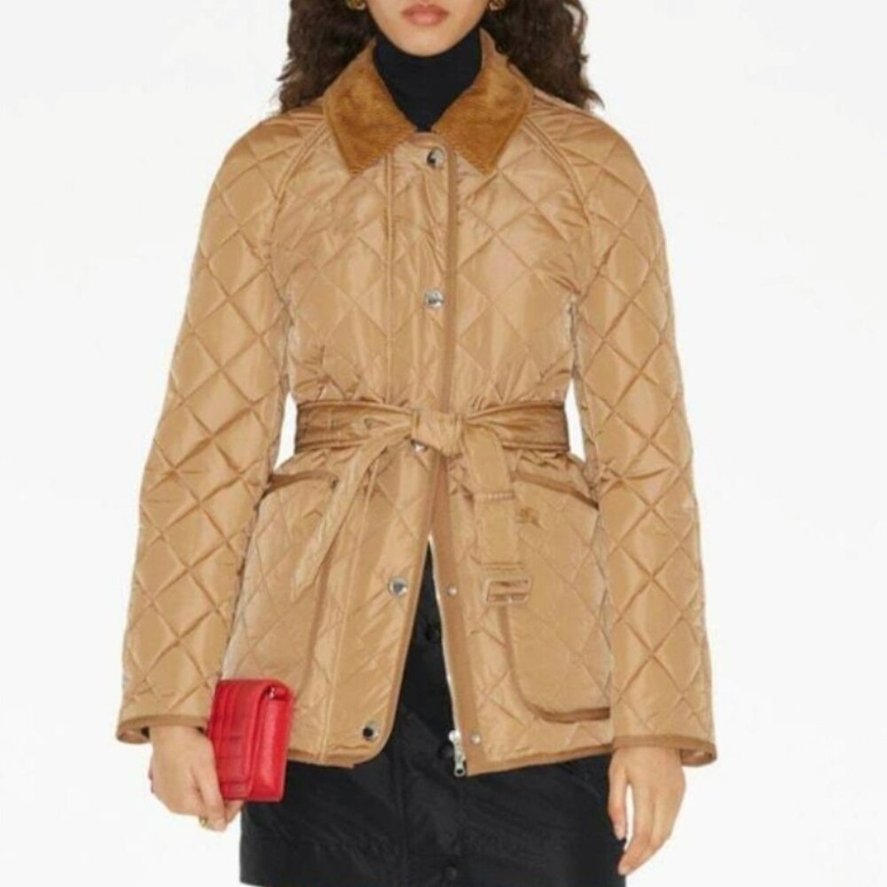 Burberry Quilted Belted Utility Jacket in Camel with Brown Collar